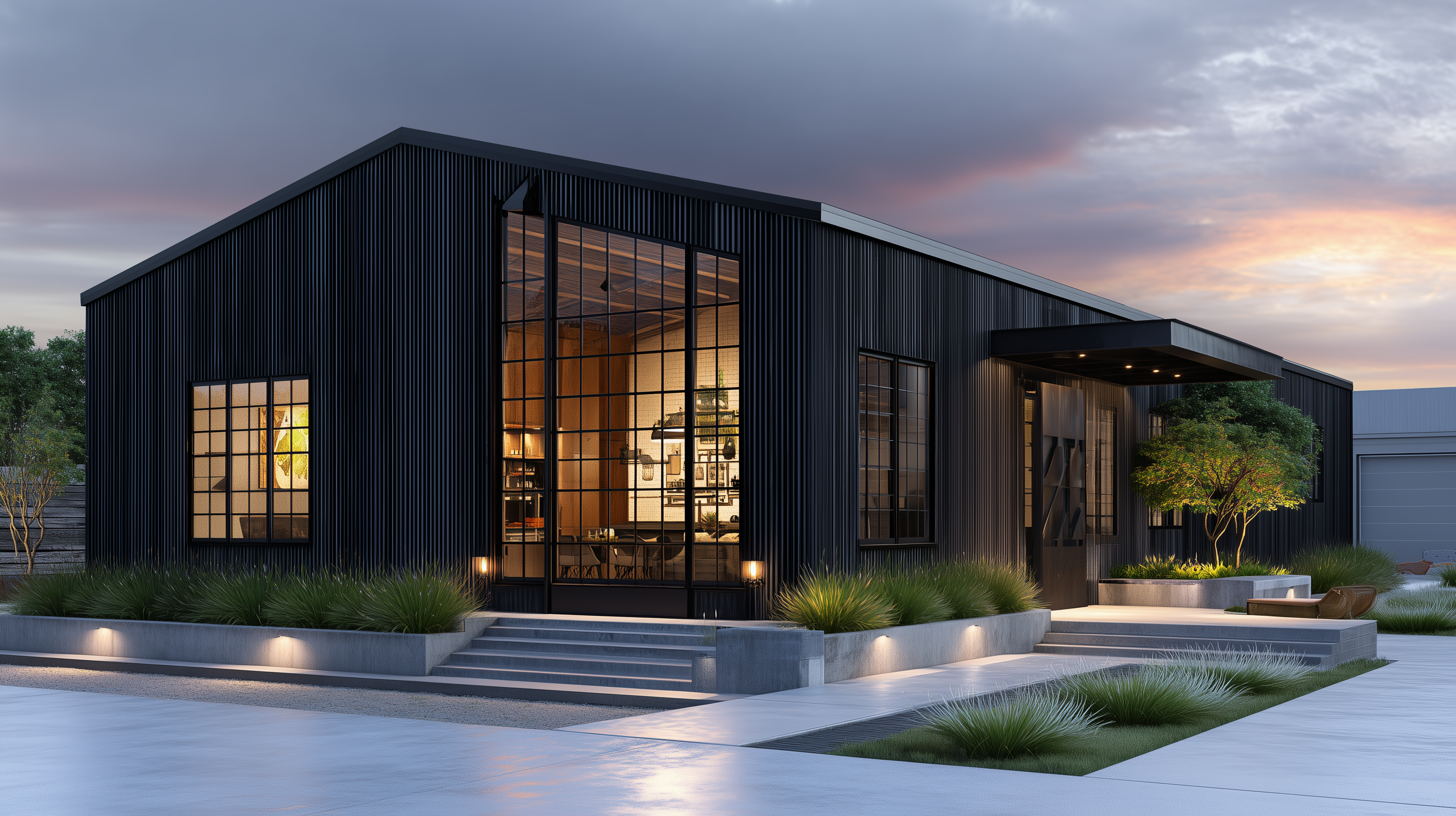 Industrial modern barndominium exterior with black trim